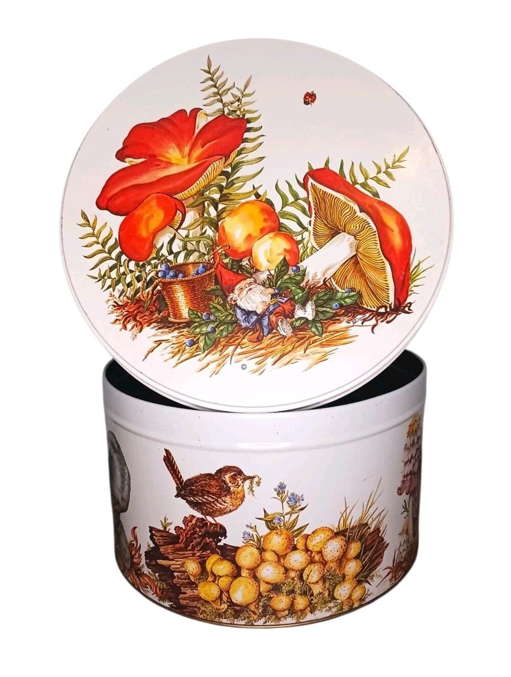 Vtg 80's Tom Sturgis Pretzel Tin Forest Friends Gnome Merry Mushrooms Bird Bunny